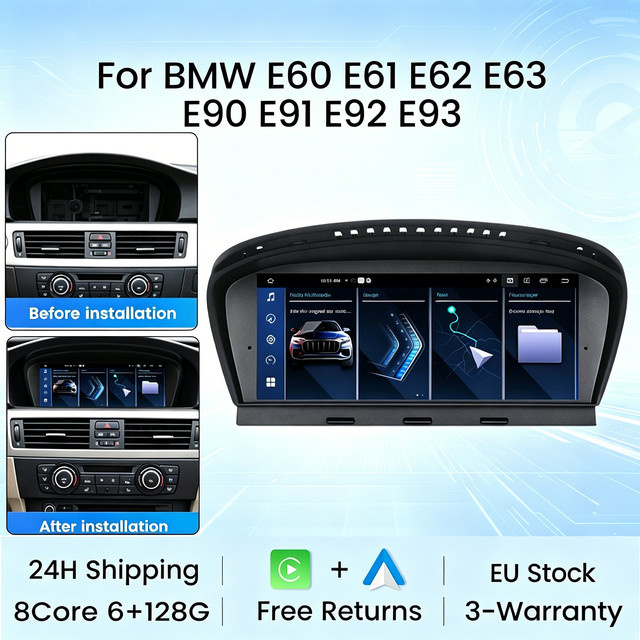 MEKEDE Multimedia-Autoradio für BMW 5er und 3er Serie E60 E61 E63 E64 E90 E91 E92 (2004-2012) mit kabellosem CarPlay, Android Auto, Bluetooth, WiFi und 4G in Schwarz - Bild 1