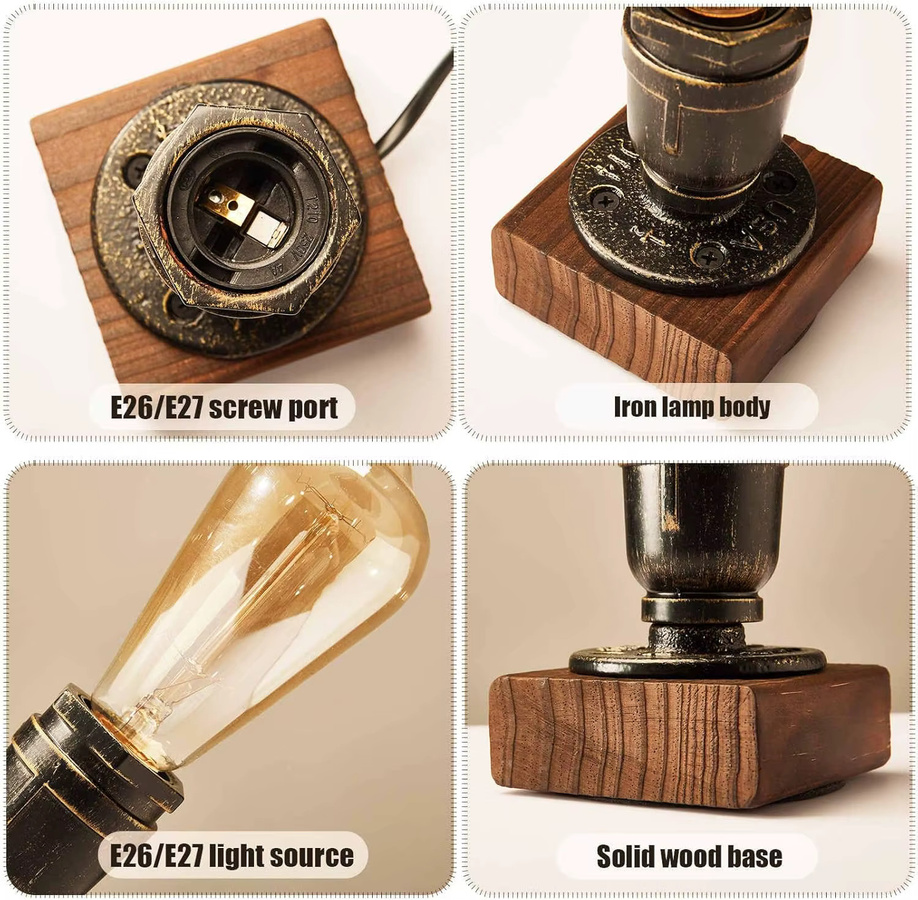 XIHOME Retro-Industrie Tischlampe aus Holz im Vintage-Design mit E27 Fassung - Bild 5