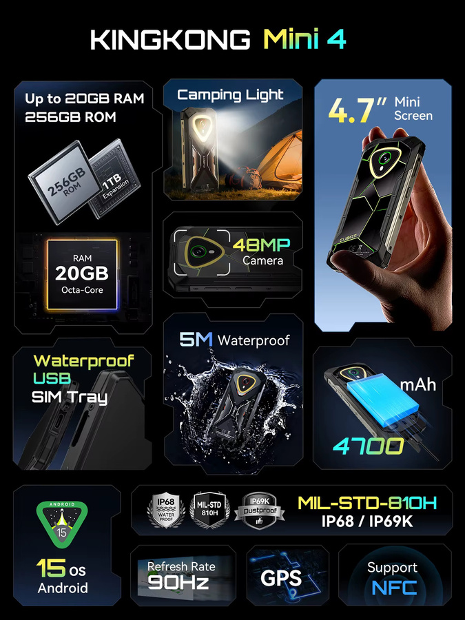 Cubot KingKong MINI 4 Robustes Mini-Smartphone mit Android 15, 4,7 Zoll Display, 256 GB ROM, 20 GB RAM, 4700 mAh Akku, NFC und IP68 Schutz, Black-Green - Bild 2