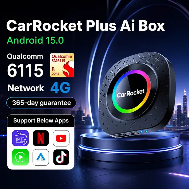 CarRocket CarPlay Ai Box Android 15 mit integriertem GPS und 4G-Netzwerk für Autos mit kabelgebundenem CarPlay, Schwarz - Bild 1