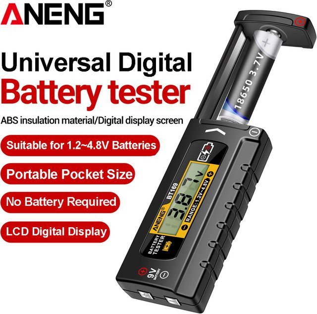 ANENG BT169 Digitaler Batterietester in Schwarz als Universal-Detektor für AA, AAA, 9V, 18650 und Knopfzellen - Bild 1