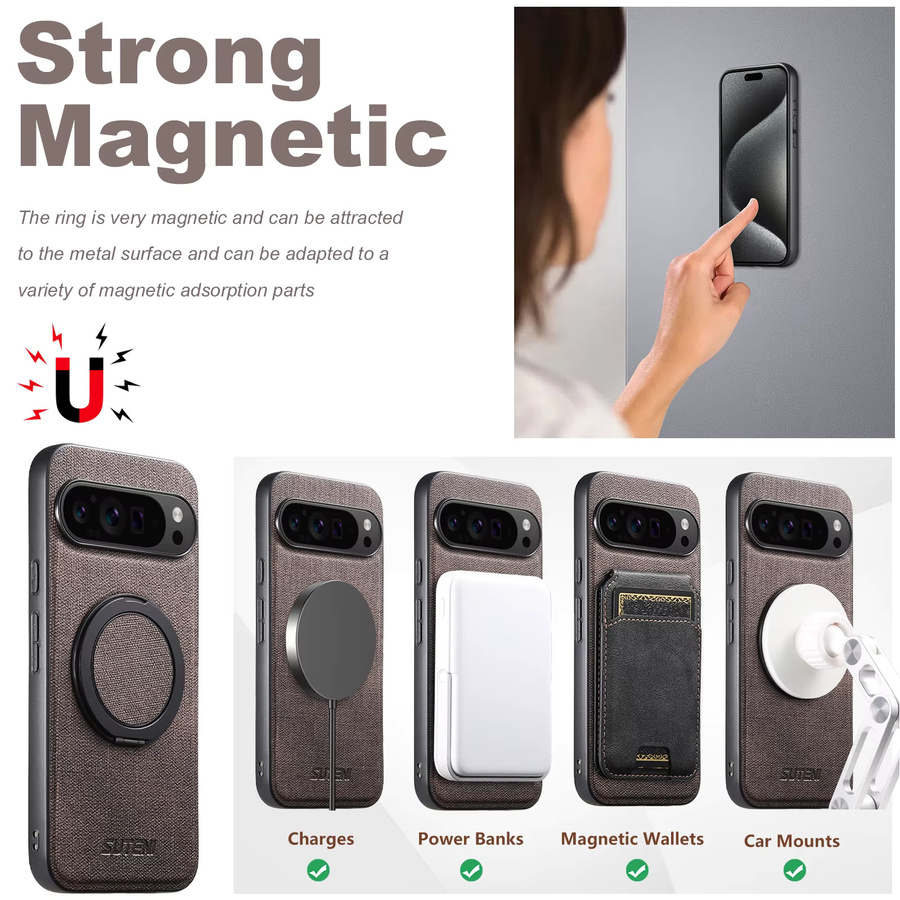 Magnetische Kunstleder Handyhülle mit kabellosem Laden und 360 Grad drehbarem Ständer sowie Ringschnalle für Google Pixel 10 Pro XL 9 8A 7 in Schwarz - Bild 5