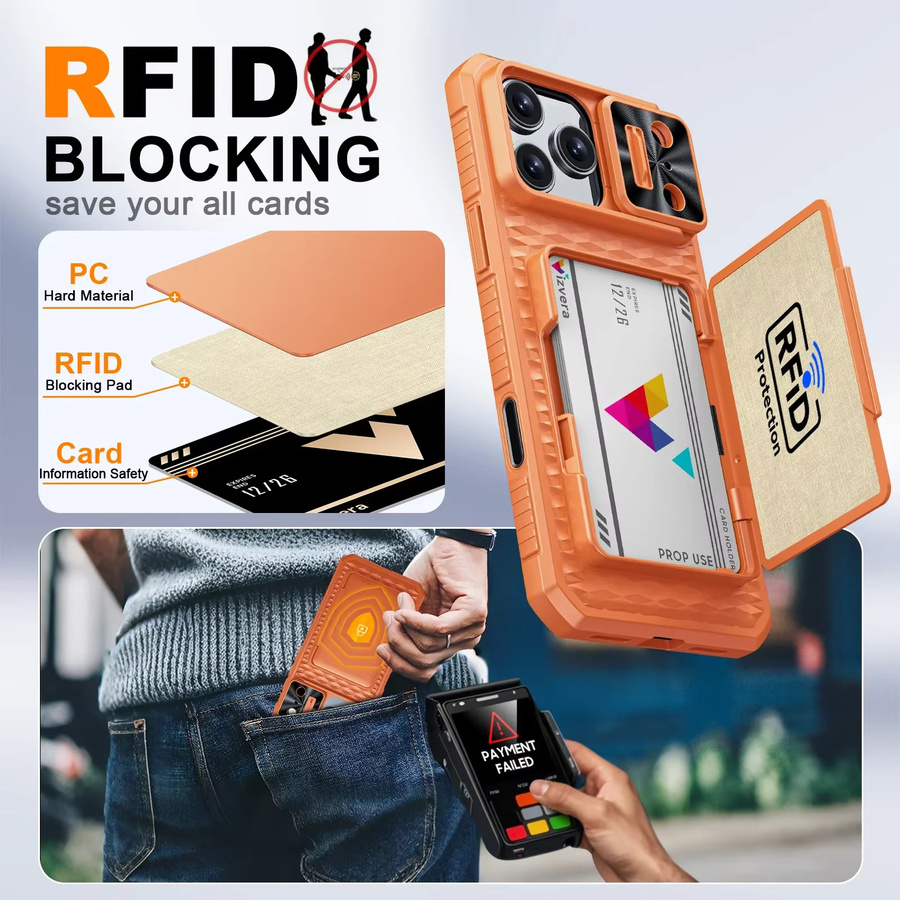 BANGZAO Wallet Case für iPhone 17 Pro Max mit Kartenhalter, Schiebe-Kameraabdeckung und Standfunktion in Orange - Bild 3