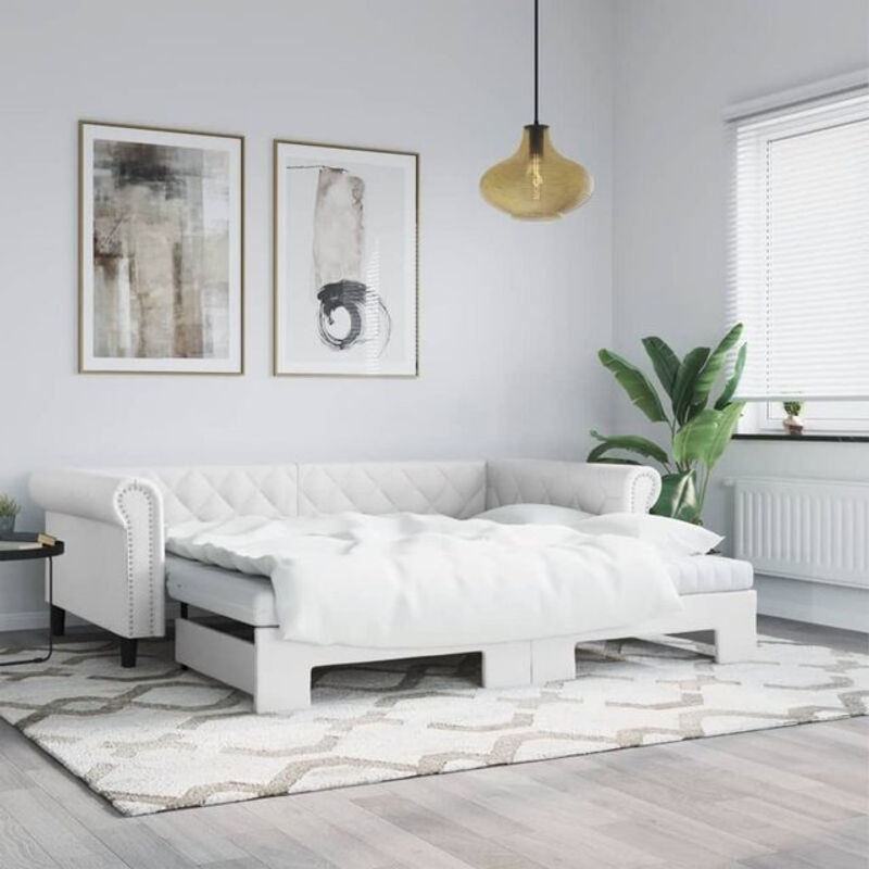 Ausziehbares Funktionsbett mit Matratze von vidaxl in Weiß aus Kunstleder, B/T: 90 x 200 cm - Bild 1