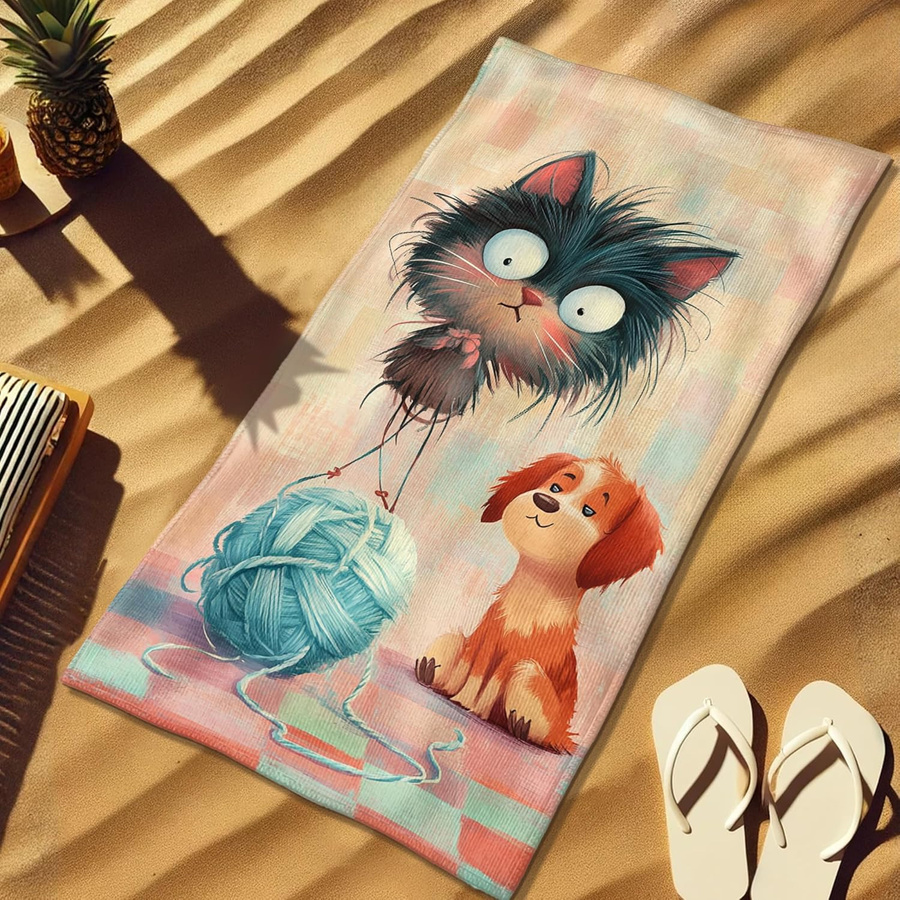 Shanika Chen Strandtuch mit Cartoon Katze und Hund in Schwarz Blau, schnelltrocknend und sandfrei, B: 40 cm, H: 60 cm - Bild 3