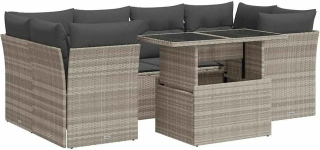 vidaXL 7-teilige Garten-Sofagarnitur in L-Form aus Poly-Rattan in Hellgrau mit Kissen und Stauraum - Bild 1