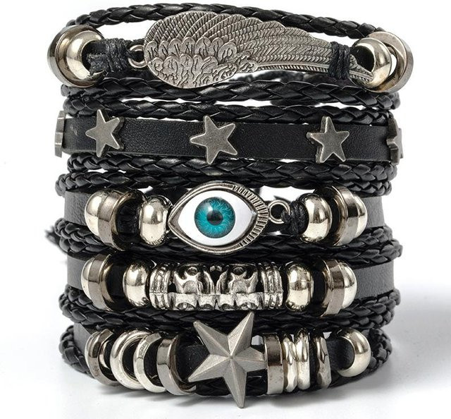 Armband-Set, Totenkopf & Stern, Messing, PU-Leder, Schwarz, Unisex - Bild 1