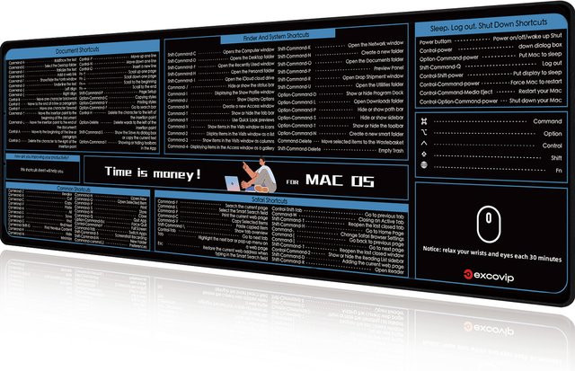 EXCO Shortcut-Mauspad für Mac OS in Schwarz, große Schreibtischunterlage mit Tastatur-Spickzettel, rutschfest und mit genähten Kanten - Bild 1