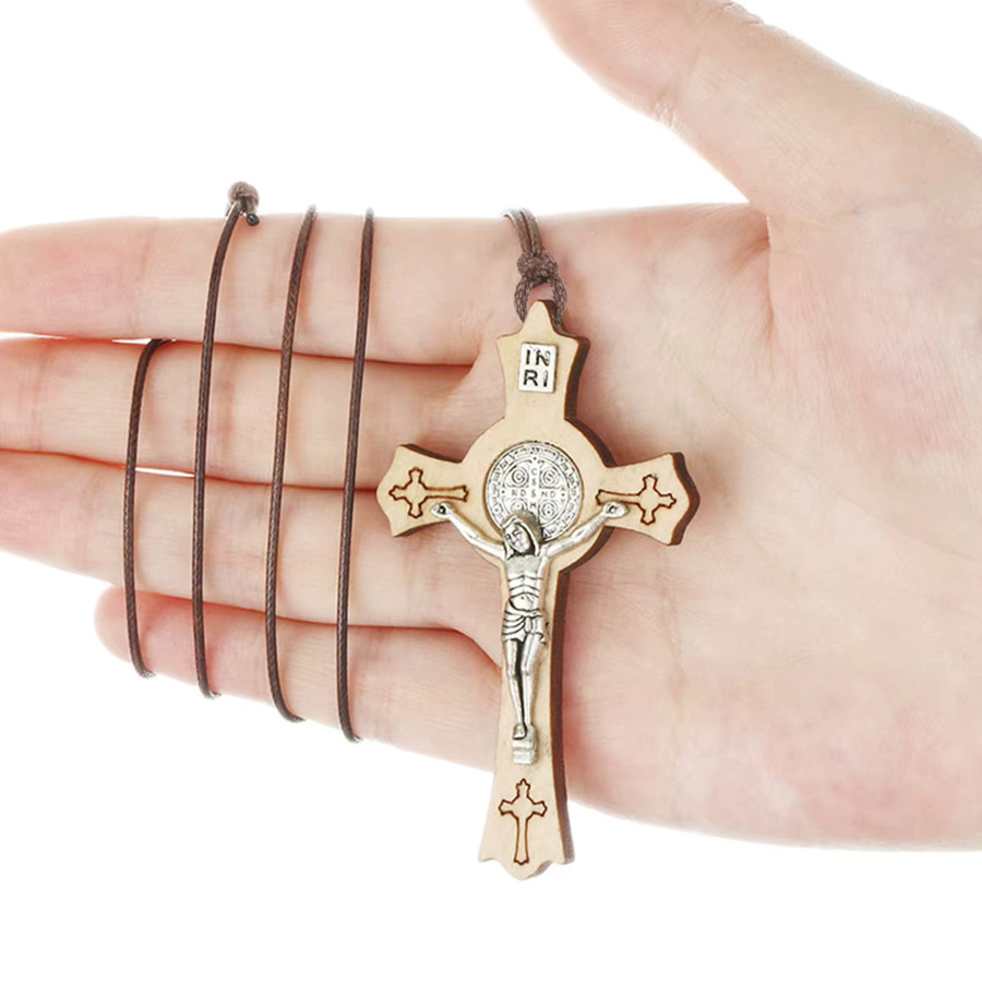 diyalo Anhänger Halskette, Saint Benedict Kruzifix, Holz, Silber, Unisex - Bild 3