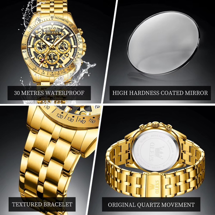 OLEVS Chronograph Armbanduhr, Edelstahl, Gold, Quarz, Herren - Bild 5