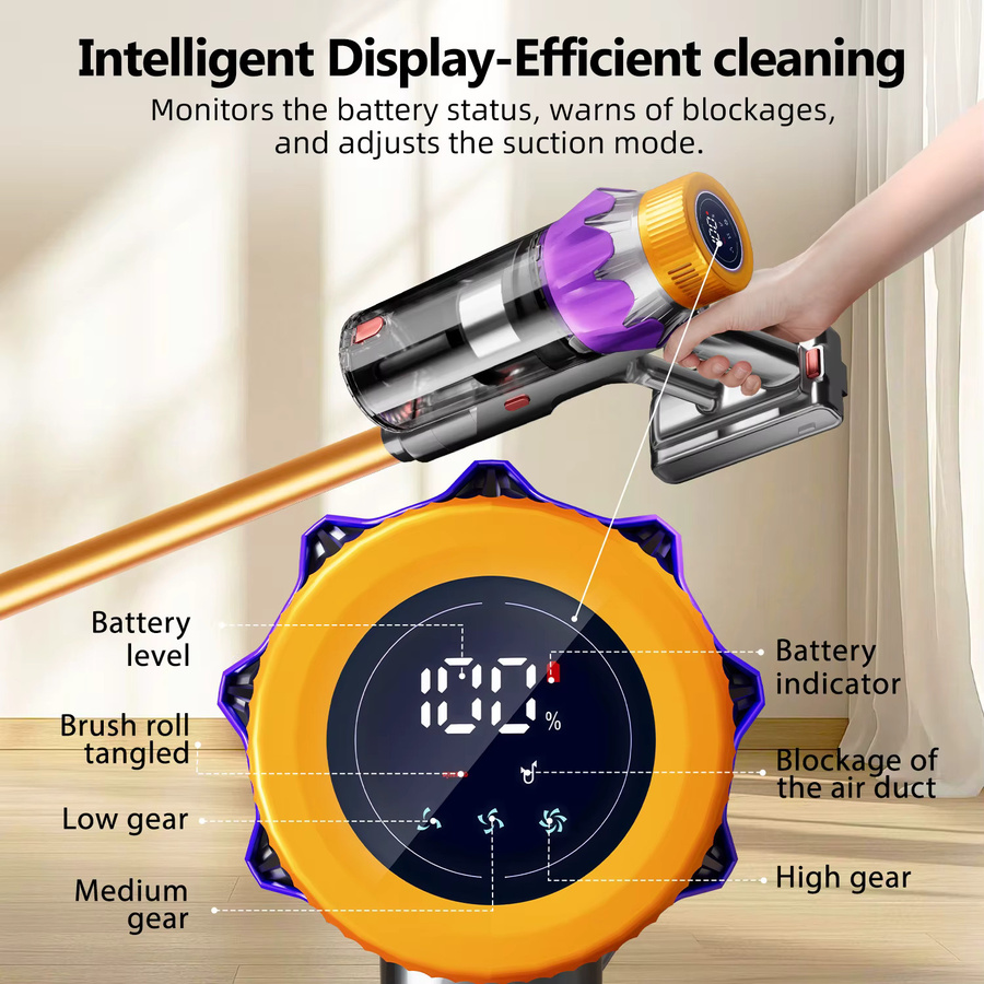 Daccormax Kabelloser Stabstaubsauger mit Smart-Touchscreen, 65KPa Saugkraft, 3-stufig einstellbar, bagless, Gelb/Mehrfarbig - Bild 3