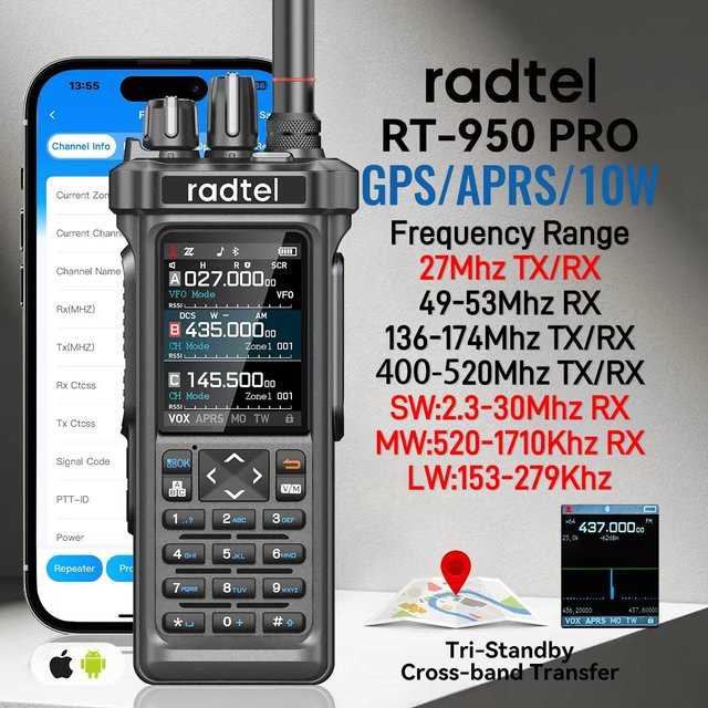 Radtel RT-950 PRO Amateurfunk Empfänger in Schwarz mit GPS, APRS, Bluetooth und 10W Leistung - Bild 1