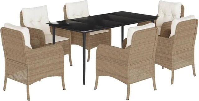 7-teilige Garten-Essgruppe vidaXL aus Poly Rattan in Beige mit Kissen und Hartglas-Tischplatte - Bild 1