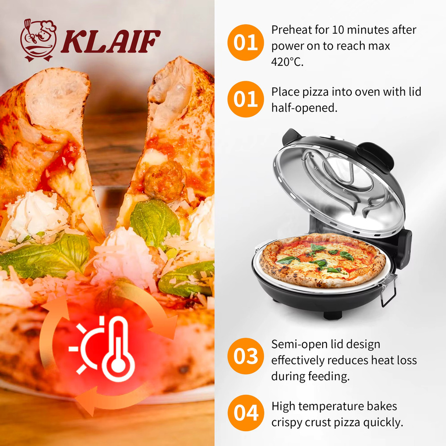 Klaif Pizzaofen in Schwarz mit Doppeltemperaturregelung, 420°C Maximaltemperatur, 12-Zoll-Pizzastein und Mineralsteinplatte - Bild 5