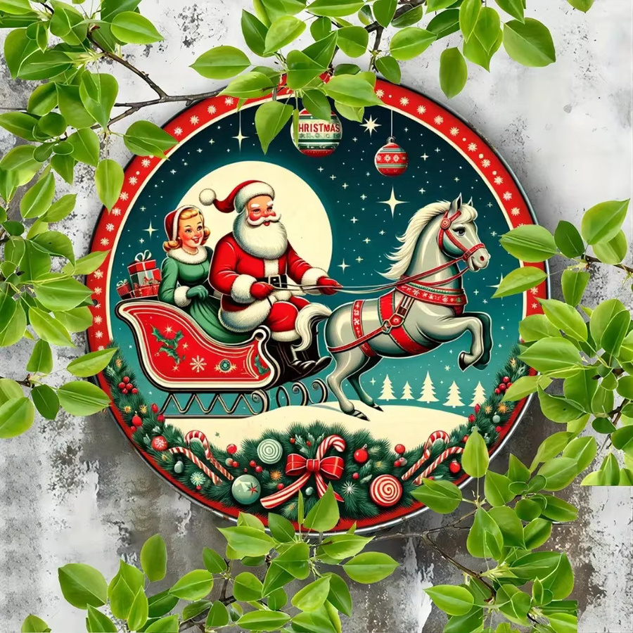 HELLOYOUNG Vintage Weihnachts-Wandkunst aus Aluminium mit Weihnachtsmann im Schlitten, rund, Silber/Mehrfarbig, Durchmesser: 20 cm - Bild 3