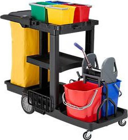 Schäfer Shop Select Reinigungswagen mit 3 Etagen, 6 farbsortierten Eimern, Müllsack, herausnehmbarer Mopp-Presse und Schiebebügel, Multicolor, B: 136,0 cm, T: 57,0 cm, H: 99,0 cm - Bild 1