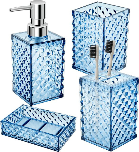Willstar Badezimmer Zubehör Set 4-teilig mit Diamant Muster in Transparent Blau bestehend aus Seifenspender Zahnbürstenhalter Mundwasserbecher und Seifenschale - Bild 1