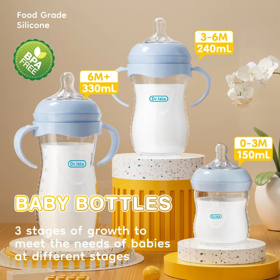 MAMIJOY Babyflasche aus Polypropylen mit Griff, BPA-frei, Weithalsflasche für Neugeborene, transparent/blau, 150 ml / 240 ml / 330 ml - Bild 2