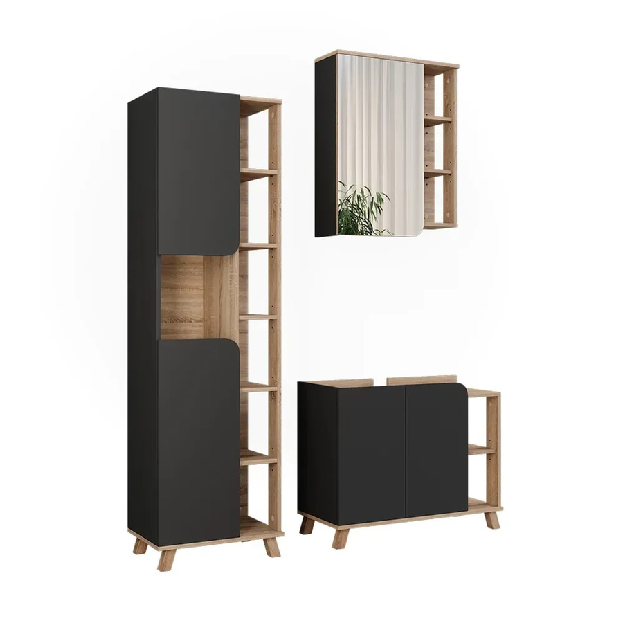Vicco Badmöbel-Set Karen in Sonoma und Anthrazit, bestehend aus 3 Teilen mit Waschtischunterschrank, Spiegelschrank mit LED-Beleuchtung und Hochschrank - Bild 2