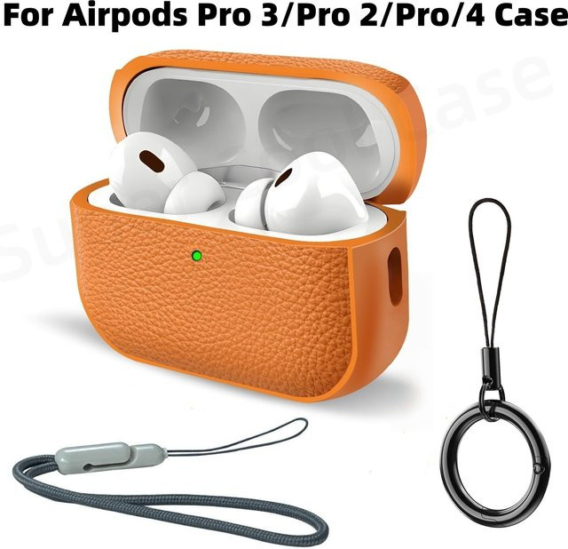 Stoßfeste Lederstruktur-Schutzhülle für Apple AirPods Pro 3 und Pro 2 mit Schlüsselanhänger und sichtbarer LED in Weiß und Orange - Bild 1