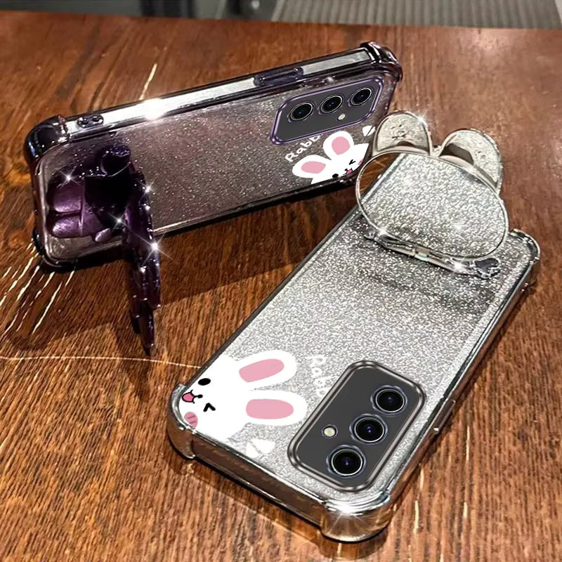 Glitzer Kaninchen Handyhülle mit Airbag-Schutz und Standfunktion für Samsung Galaxy S25 S24 S23 Ultra Plus FE in Blau - Bild 3