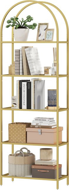 HOMCOM Bücherregal aus gehärtetem Glas und Stahl mit Bogenstruktur, 5 Regalböden, Modernes Standregal für Wohnzimmer, Schlafzimmer oder Büro, Gold, B/T/H: 60 x 30 x 175 cm - Bild 1