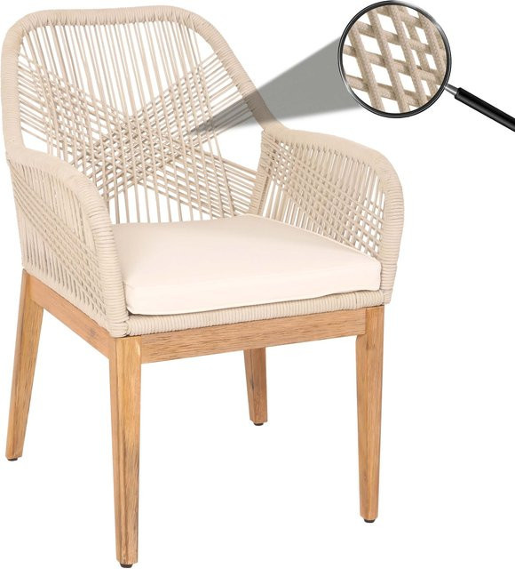 Wetterfester Outdoor Gartenstuhl MCW-H56b aus Akazienholz mit Seilgeflecht und beigen Kissen in Creme-Weiß - Bild 1