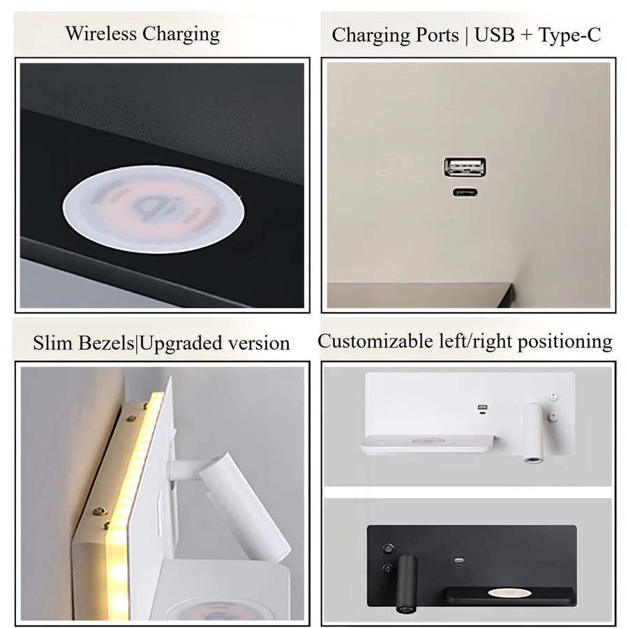 Claeted Multifunktions LED Wandlampe mit integriertem Regal und kabellosem USB-Ladegerät für Schlafzimmer und Hotel - Bild 2