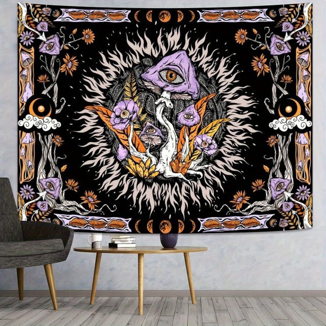 VIKAMA Wandteppich mit lila Pilzen und Tarot-Mondphasen-Motiv im Boho-Stil für deine Heimdekoration - Bild 1