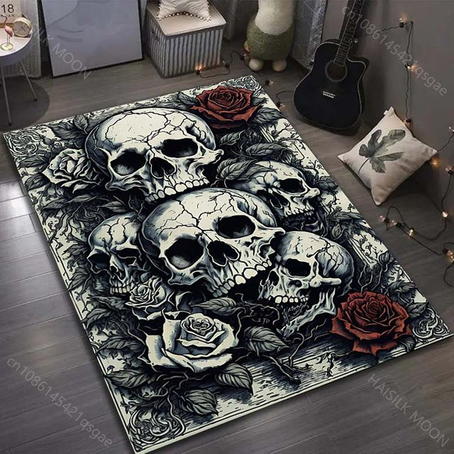 UQIDEHOME Personalisierter Totenkopf Rosen Kunstdruck Teppich in Schwarz und Multicolour, B/B: 60 x 40 cm - Bild 1