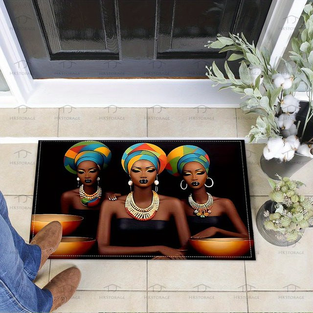 VIKAMA Teppich mit afrikanischem Frauen-Print, ethnisch und rutschfest, maschinenwaschbar, Mehrfarbig, Rechteckig, B/T: 60 x 40 cm - Bild 1