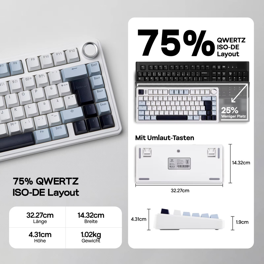Epomaker x Aula F75 Mechanische Tastatur mit Tri-Mode-Konnektivität, QWERTZ Deutsches Layout, Kabellos, 4000-mAh-Akku, Weiß/Blau - Bild 3