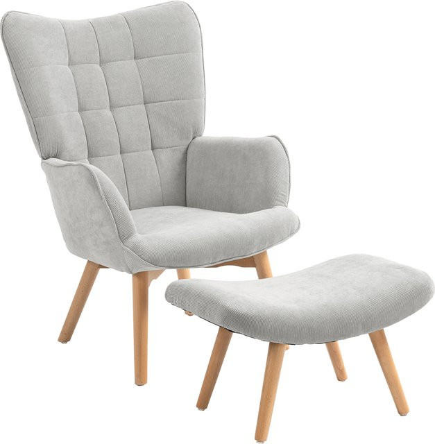 HOMCOM Ohrensessel mit Hocker in Grau, moderner Polstersessel mit Cord-Optik und Holzbeinen für Wohnzimmer und Home Office - Bild 1