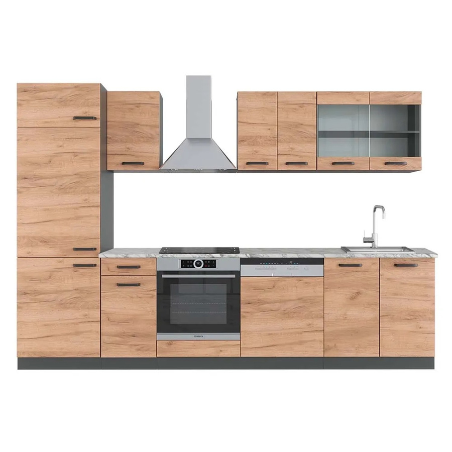 Vicco R-Line Küchenzeile Goldkraft Eiche Anthrazit mit Marmor Optik Breite: 300 cm, Höhe: 207 cm, Tiefe: 60 cm - Bild 2