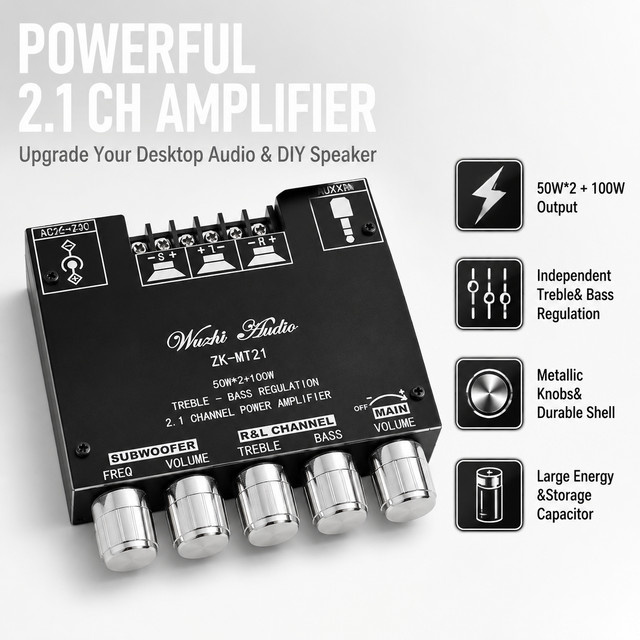 WOOPKER ZK-MT21 2.1-Kanal Bluetooth 5.0 Digitaler Leistungsverstärker mit Subwoofer, 2x50W+100W, Schwarz - Bild 1