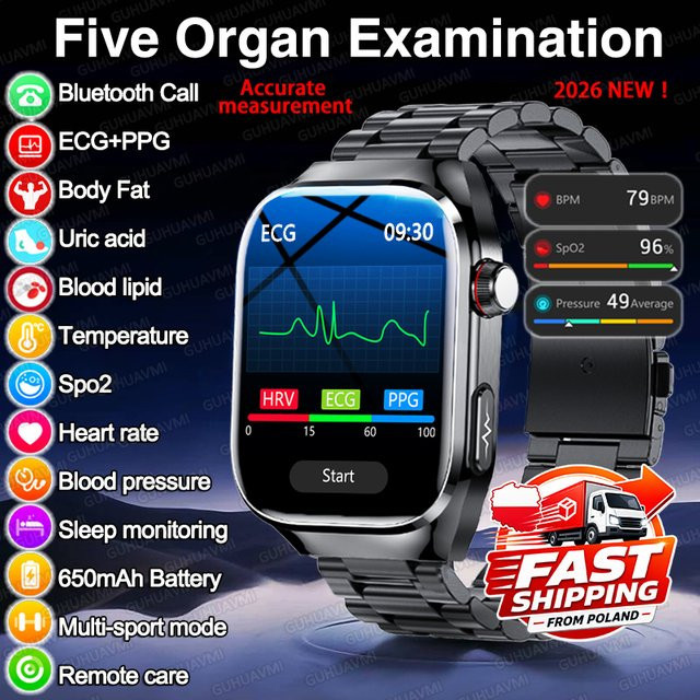 GUHUAVMI EKG Smartwatch in Schwarz mit Gesundheitsdiagnose, Blutdruck-, Blutsauerstoff- und Temperaturüberwachung sowie Bluetooth-Anrufen und Wasserdichtigkeit - Bild 1
