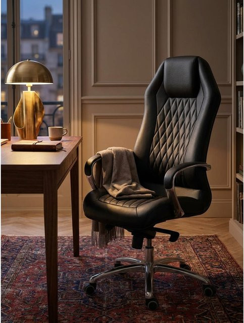 Bürostuhl KADIMA DESIGN aus Echtleder mit Kopfstütze und Armlehnen, Schwarz, B/T/H: 70 x 67 x 136 cm - Bild 1