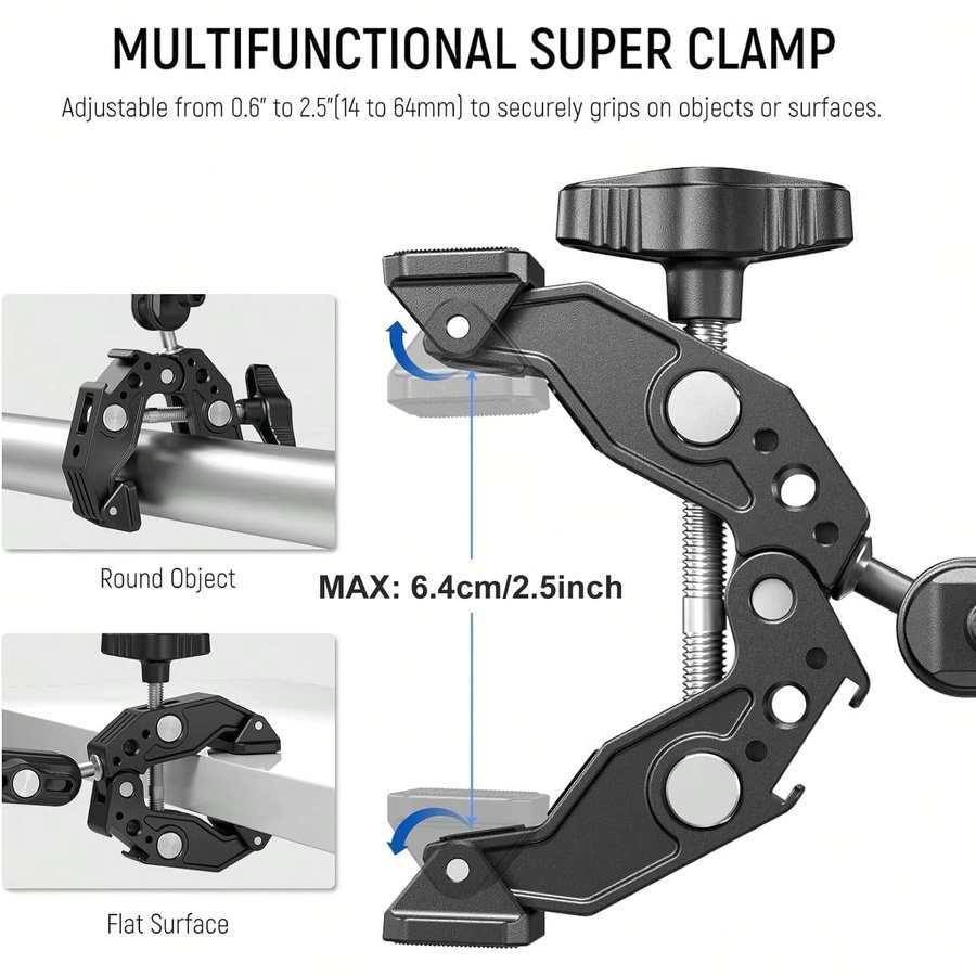 Aluminium-Superklemme mit Doppelkugelkopf und magischem Arm in Schwarz für GoPro Hero 13 und Hero 12 mit 1/4 Zoll-20 Gewinde - Bild 2