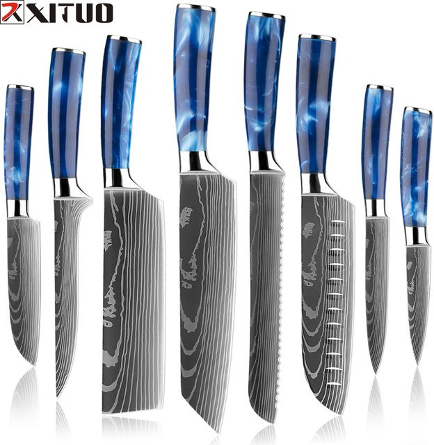 Xituo Kochmesser-Set aus Edelstahl mit blauem Harzgriff, 1–8-teilig - Bild 1