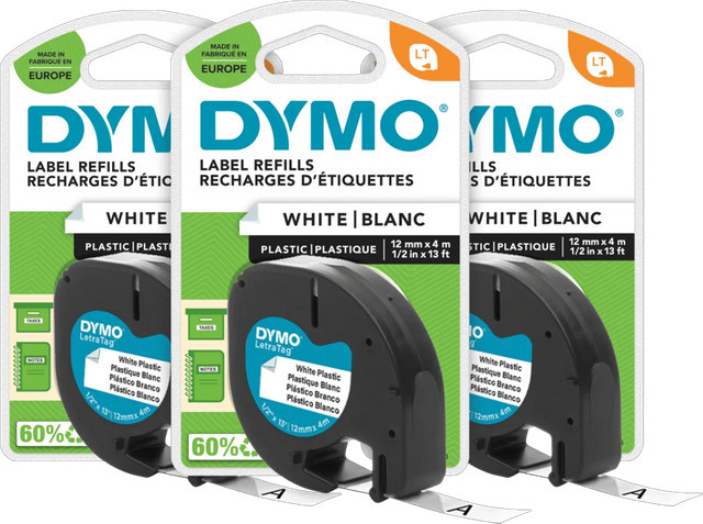 DYMO LetraTag Etiketten Schwarz-Weiß, 3er-Pack, Breite: 12 mm, Länge: 4 m pro Rolle - Bild 1