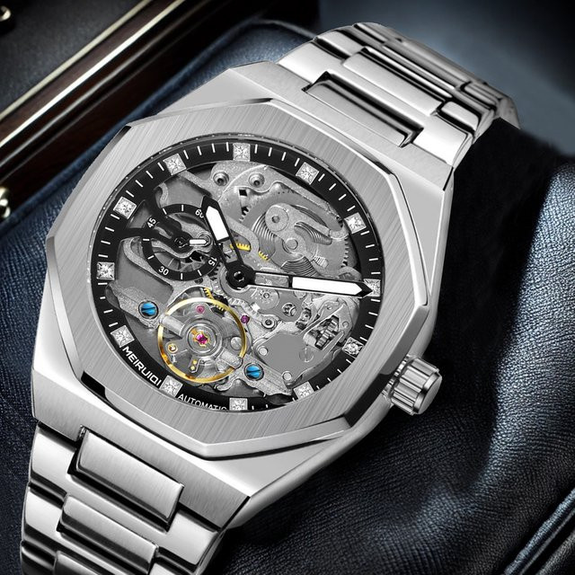 MEIRUIQI Armbanduhr Edelstahl, Automatik, Schwarz, Silber, Herren - Bild 1