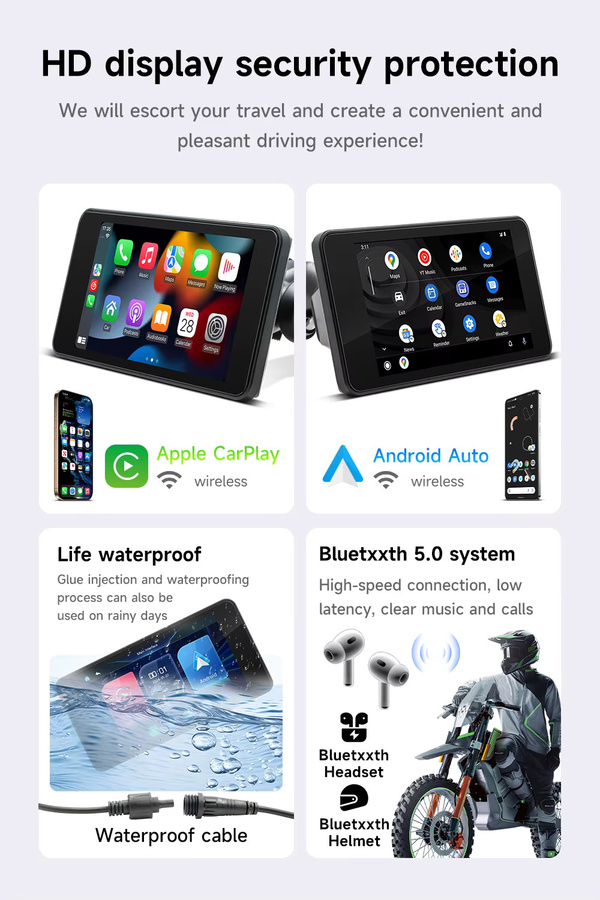 BQCC Motorrad-DVR mit 4,7 Zoll IPS-Display, kabelloses CarPlay und Android Auto, wasserdichter tragbarer Monitor in Schwarz - Bild 3