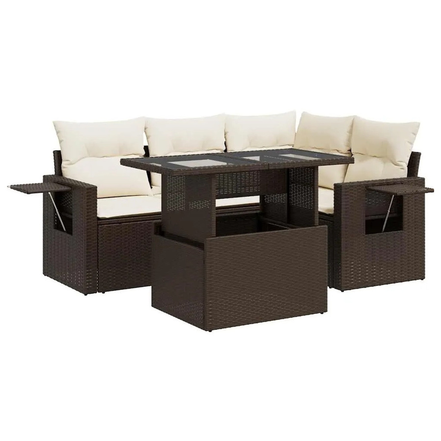 vidaXL 5-teilige Garten-Sofagarnitur in L-Form aus braunem Poly-Rattan mit cremeweißen Kissen und pulverbeschichtetem Stahlgestell - Bild 2