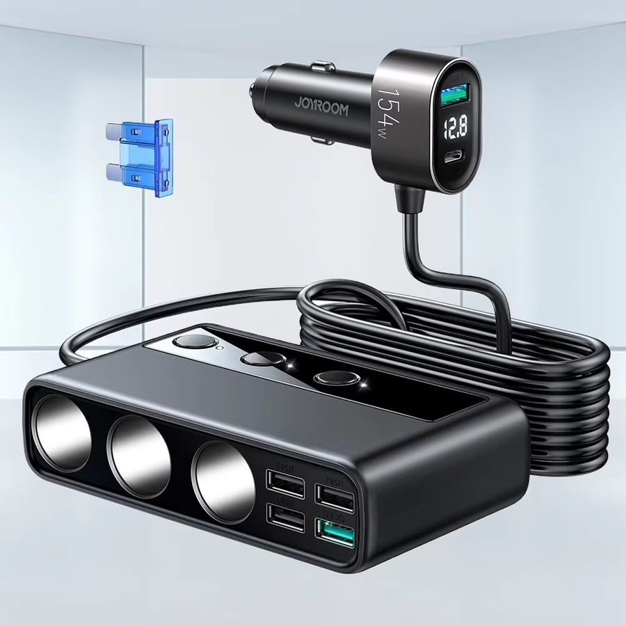 Joyroom 154W Auto Ladegerät Adapter mit 3 Steckdosen und unabhängigen Schaltern in Schwarz - Bild 2