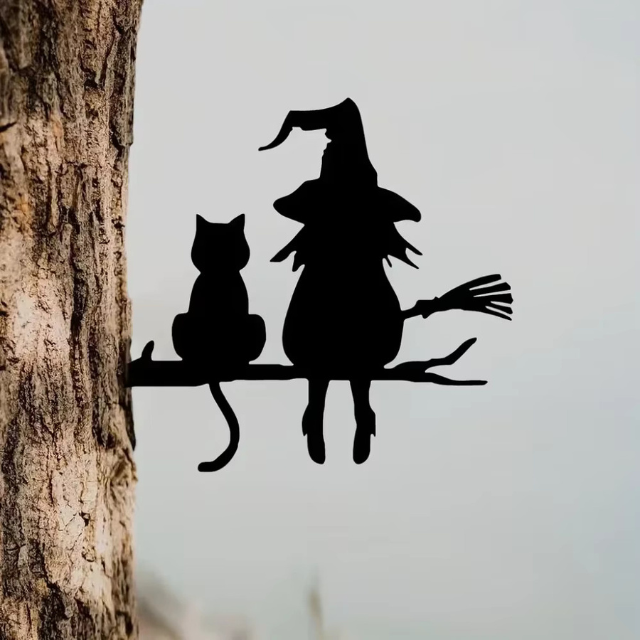 CIFBUY Gartenstecker aus Metall mit Hexen- und Katzensilhouette in Schwarz für Halloween-Dekoration - Bild 3
