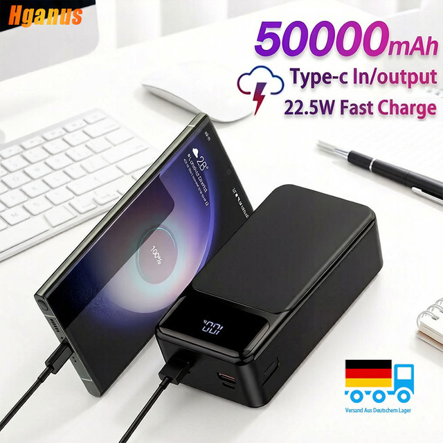 Hganus Tragbare Powerbank 50000mAh mit 22,5W Schnellladung, Schwarz, mit USB-C und USB-A Ausgängen - Bild 1
