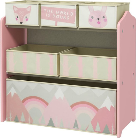 ZONEKIZ Kinderregal mit 6 abnehmbaren Stoffboxen als Spielzeug-Organizer in Rosa mit Waldtier-Print, B/T/H: 63 x 30 x 66 cm