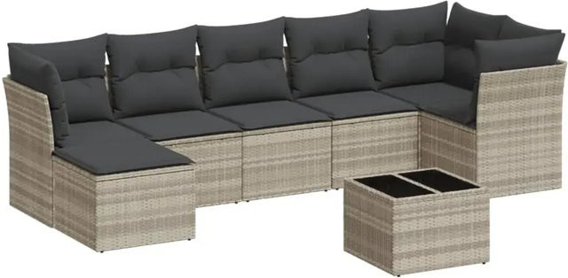 vidaXL 8-teilige Garten-Sofagarnitur in U-Form mit Kissen und Couchtisch, Hellgrau, Poly-Rattan und Metallrahmen - Bild 1