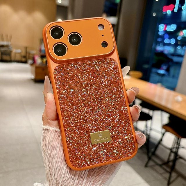 Diamantbesetzte Handyhülle mit funkelnden Strasssteinen für Apple iPhone 17 Pro Max 17 Pro Air 16 Pro 15 14 13 Pro Max in Orange mit Kameraschutz - Bild 1