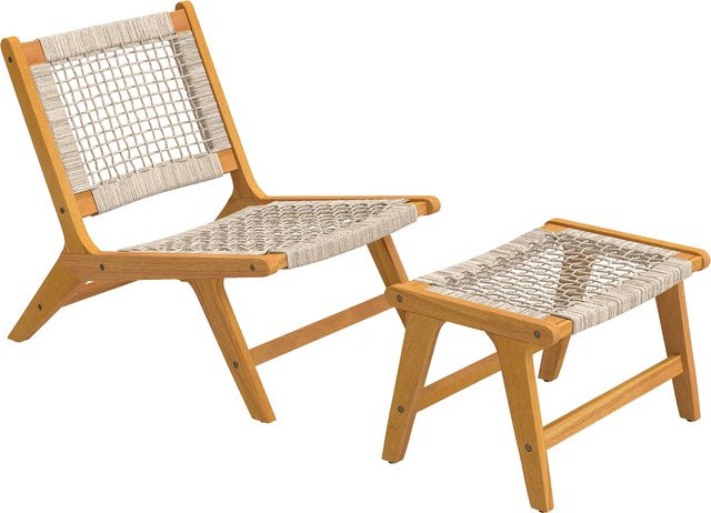 Outsunny Gartensessel mit Hocker 2-teiliges Lounge Set aus FSC Akazienholz und Polyrattan im Boho-Stil, Beige, Aosom - Bild 1
